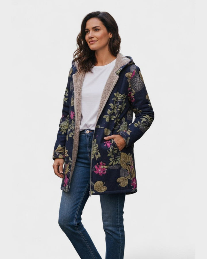 Aurora | Marineblå Have Blomster Plush Frakke