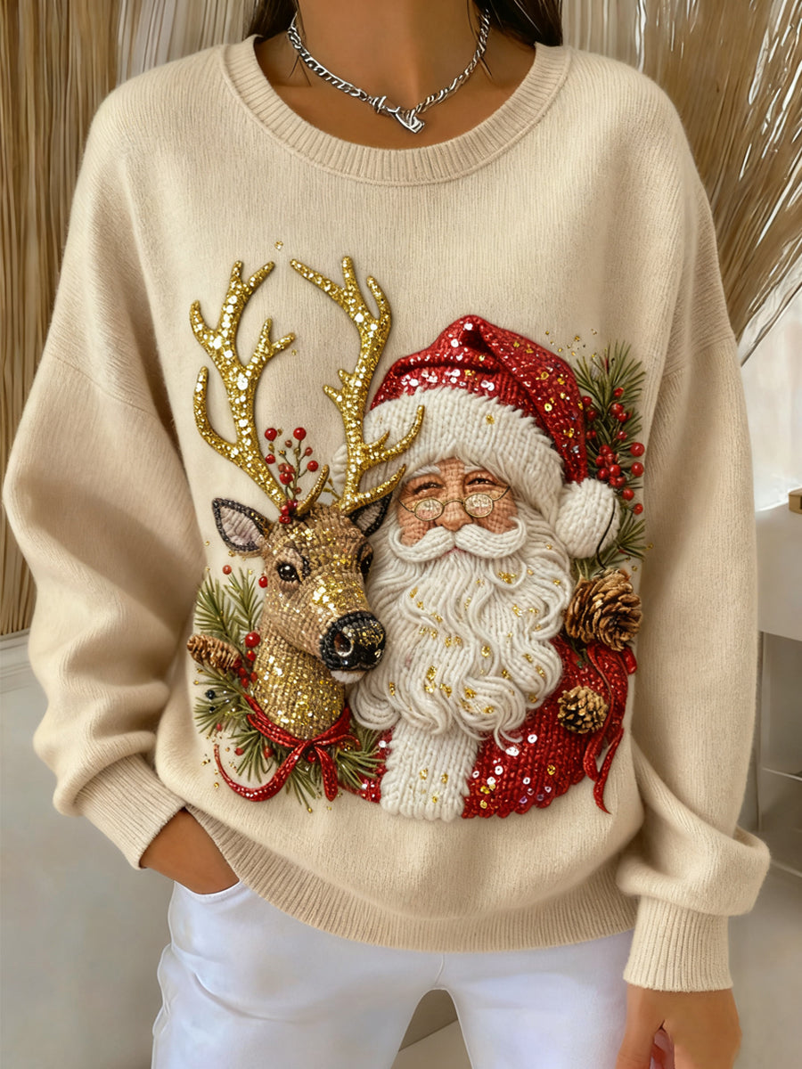 Dame Vintage Santa Reindeer Casual Crewneck Pullover